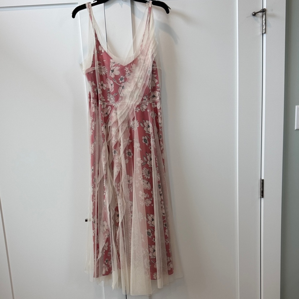 Tracy Reese Rose-Pink Floral Maxi Dress with Cream Sheer Overlay
